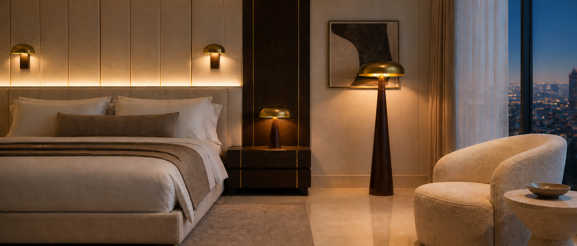 Warm brass wall, table and floor lighting in an elegant hotel suite